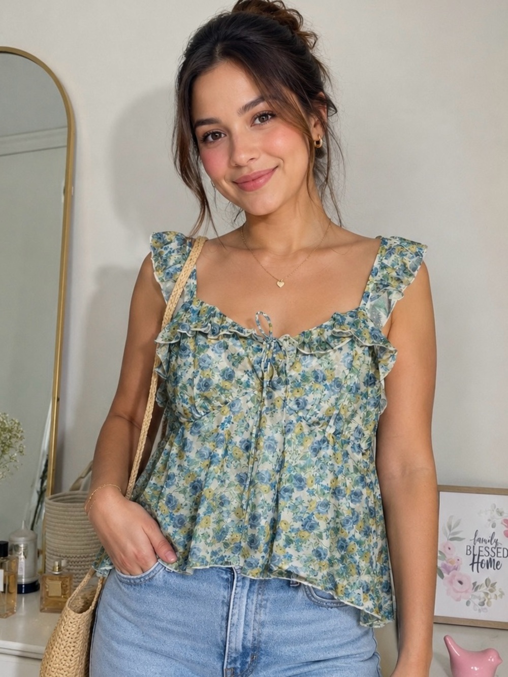 wild fable Blue and Green Floral Ruffle Tie-Front Camisole XL NWT